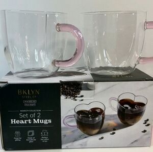BKLYN Steel Novelty Collection Set of 2 Heart  Mugs w/ Pink Handles